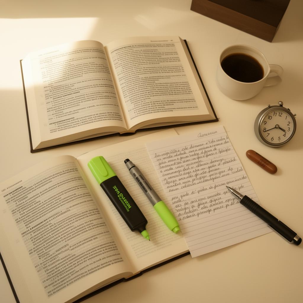 Mesa de estudo com Vade Mecum aberto, caderno anotado e cronômetro